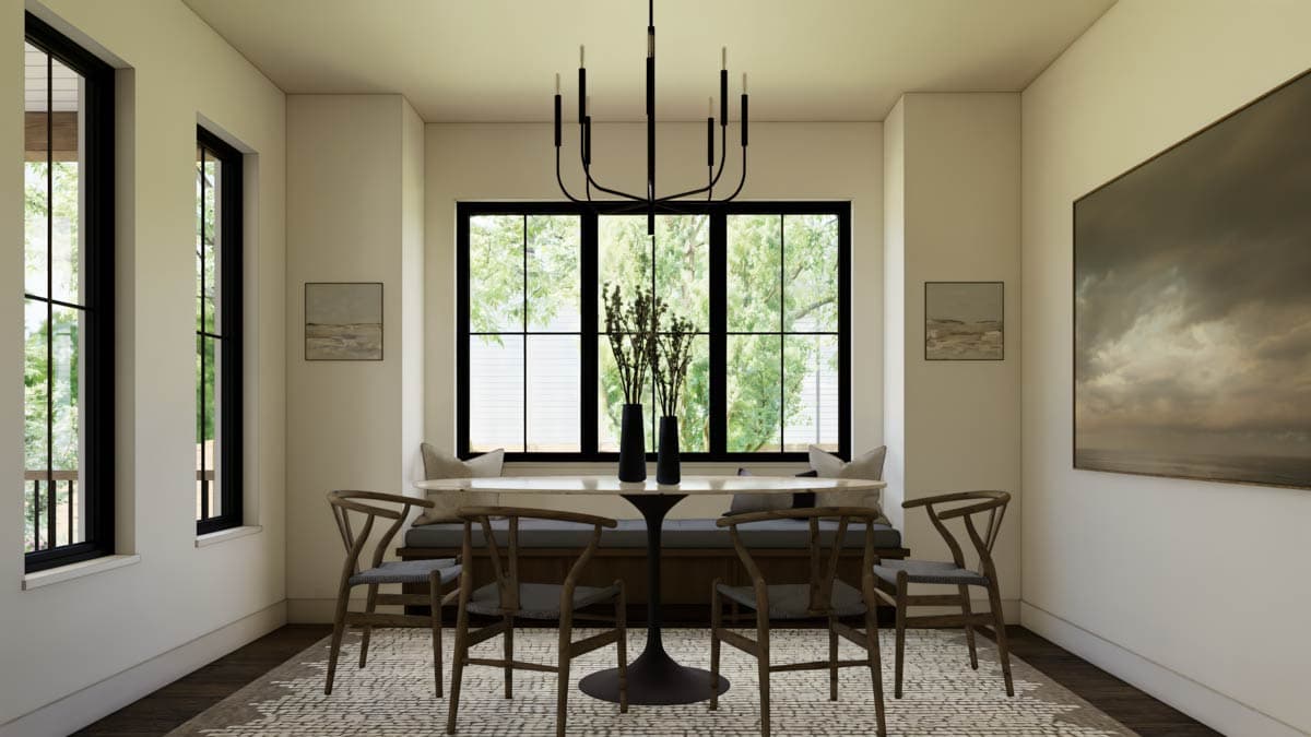 Dining room rendering with oval table, built-in banquette seating, large grid window, and modern chandelier.