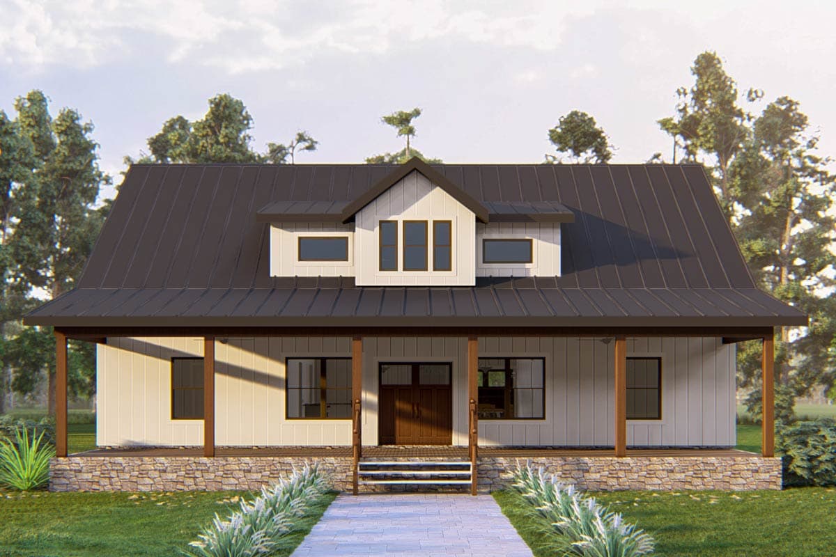 House plan exterior with two stories and a farmhouse style. Features include a covered front porch, dormers, and a dark metal roof.