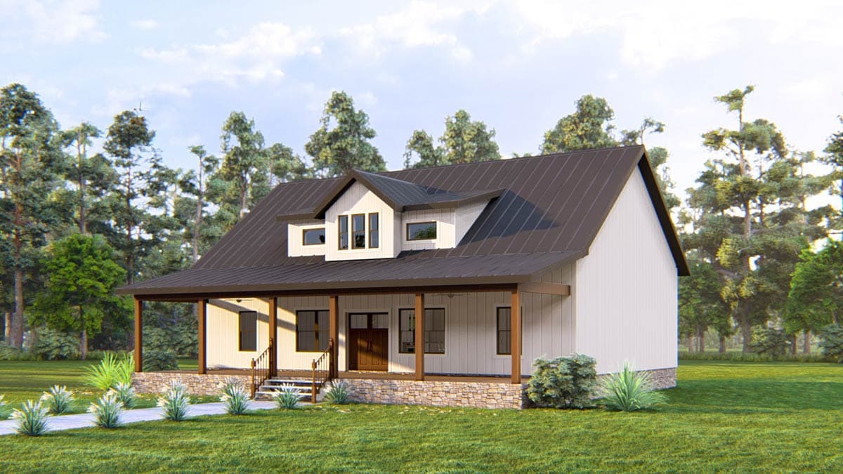 Modern Farmhouse house plan exterior: two stories, metal roof, full front porch, stone foundation, and dormer.