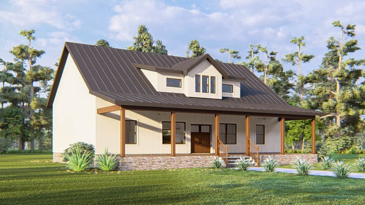 House plan exterior. Modern Farmhouse style, two stories, with a full-width porch, stone foundation, and dormers.