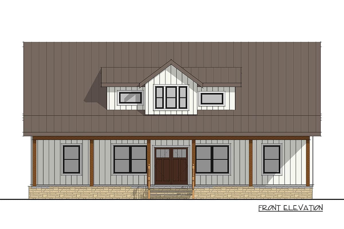 Front elevation drawing of a two-story house plan with a covered porch, gabled dormer, and vertical siding.