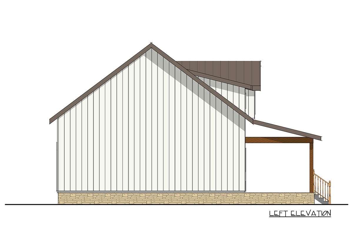 Left elevation house plan drawing with vertical siding, stone foundation, gable roof, and covered porch.