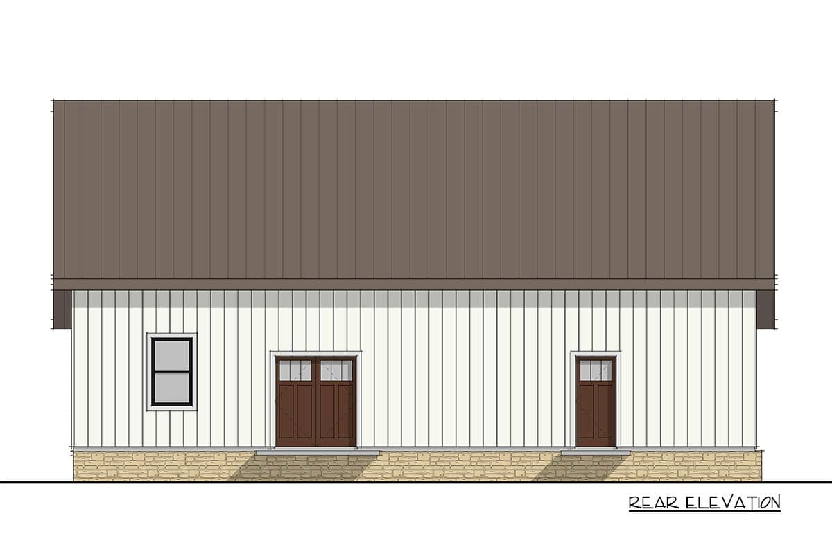 Rear elevation of a house plan with a metal roof, white vertical siding, stone foundation, one window, and two doors.
