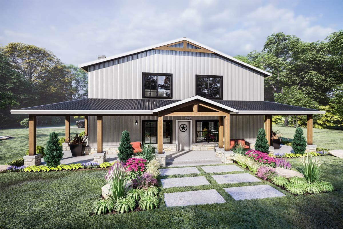 House plan exterior. Two-story Modern Farmhouse with a gabled roof, a covered porch with exposed timber supports, and metal siding.