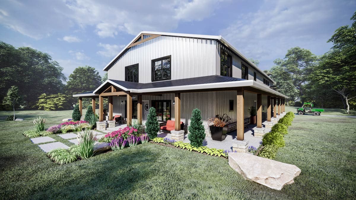 House plan exterior: two-story modern farmhouse with a wraparound porch, metal siding, and gabled dormers.
