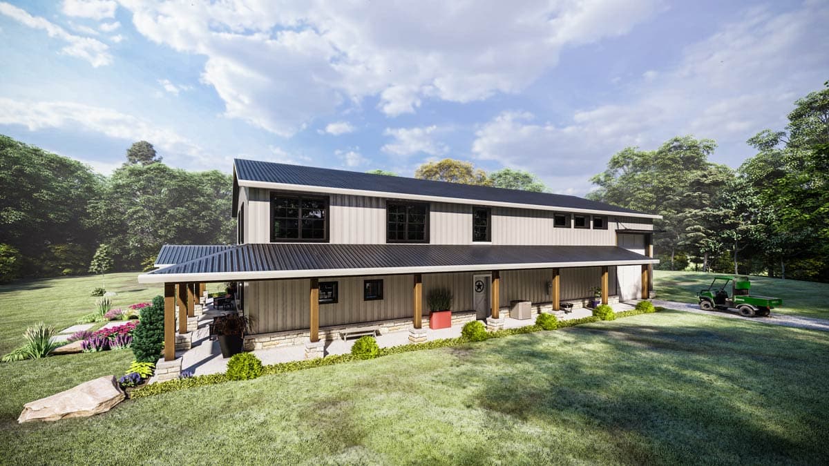 Modern farmhouse house plan exterior, two stories, with wraparound porch, metal roof, and vertical siding.