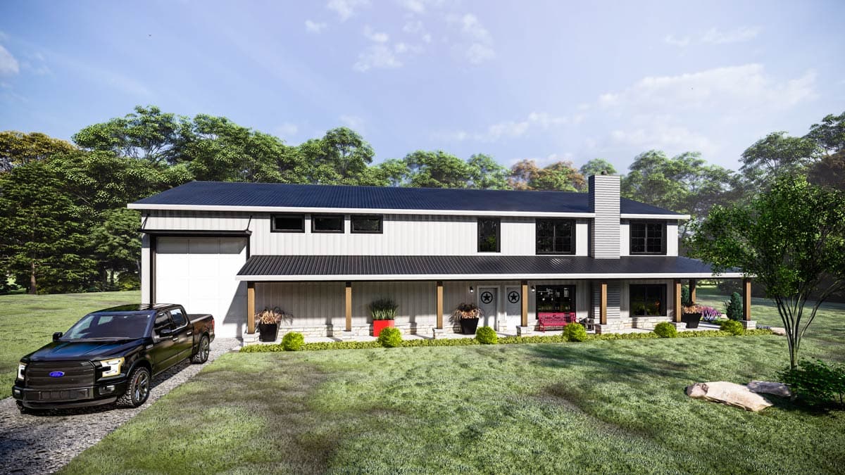 House plan exterior: Two-story Modern Farmhouse with wrap-around porch, metal roof, and attached garage.