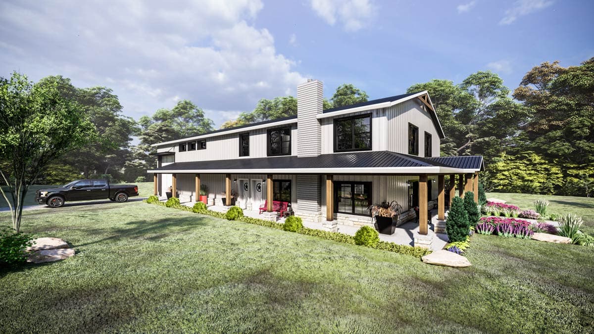 House plan exterior: Modern Farmhouse two-story with wrap-around porch, gables, and stone accents.