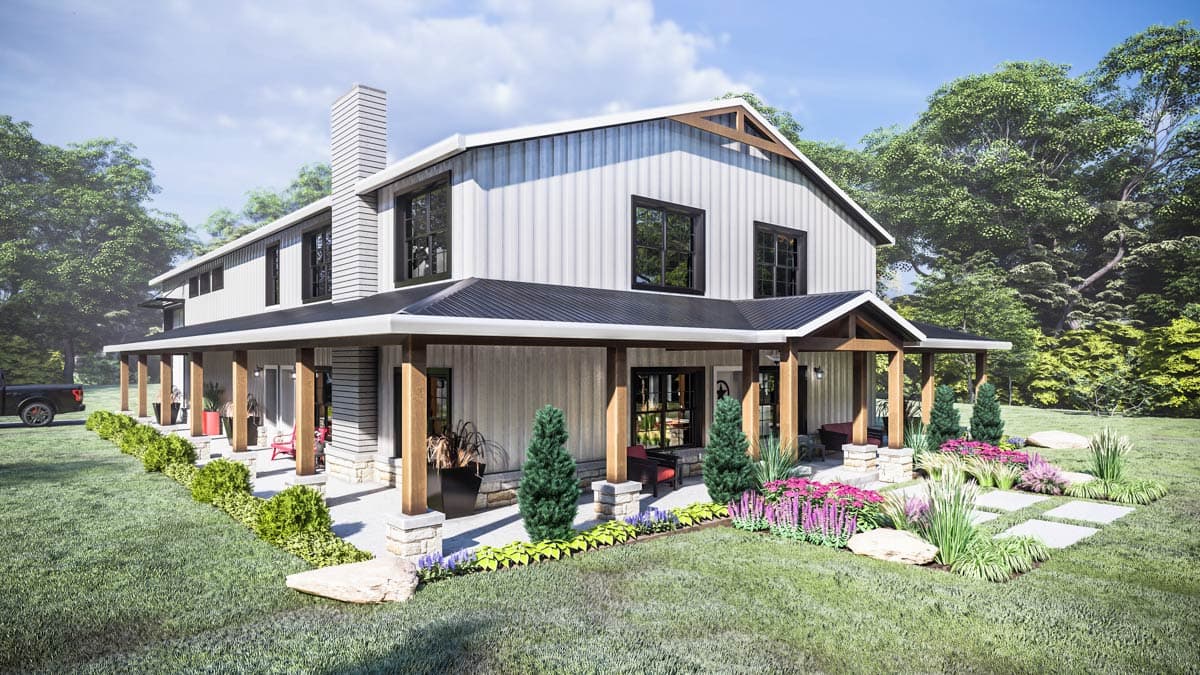 Modern farmhouse style house plan exterior with wraparound porch, prominent gables, and vertical siding.