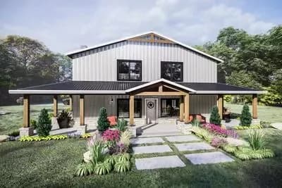 Modern Barndominium House Plan with Wrap-Around Porch and Vaulted Loft