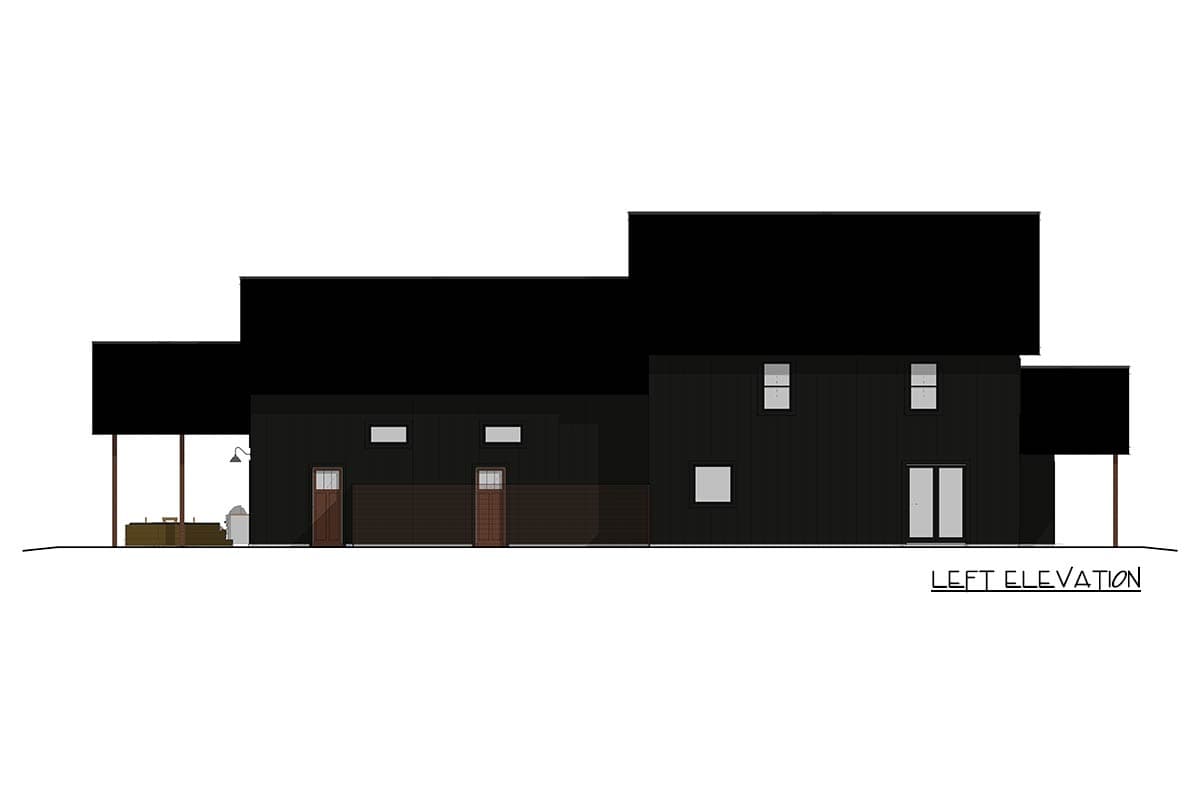 Left elevation drawing of a modern house plan with a dark facade, varied rooflines, multiple windows, and two doors.