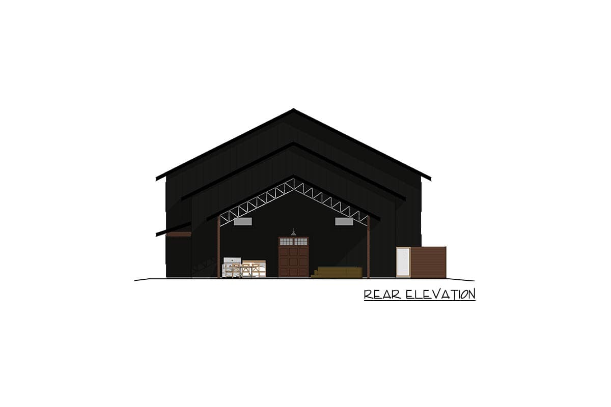 Rear elevation drawing of a dark, gable-roofed building with a large central door and exposed trusses.