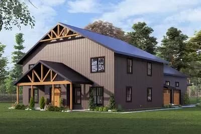 Modern Barndominium Plan with Vaulted Living Room and Massive Shop Space