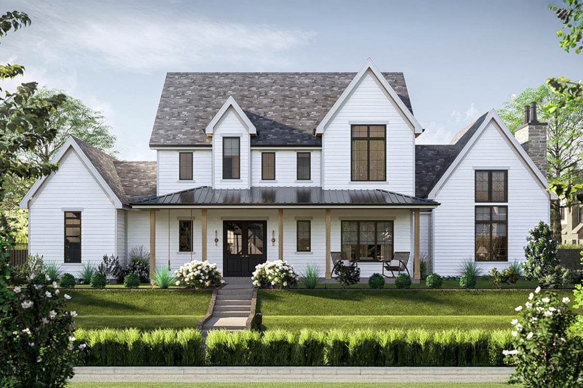 House plan exterior. Two-story Modern Farmhouse with gabled roof, covered porch, and multiple dormers. Features include dark-framed windows.