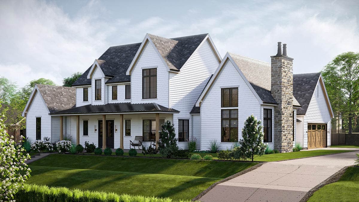 House plan exterior: Modern Farmhouse style, two stories, white siding, gabled rooflines, stone chimney, and covered porch.