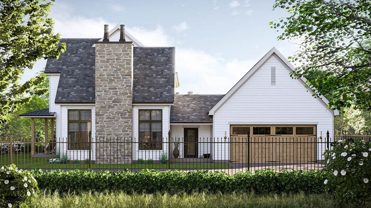 House plan exterior: Two-story Modern Farmhouse with stone chimney, gabled roof, and attached two-car garage.