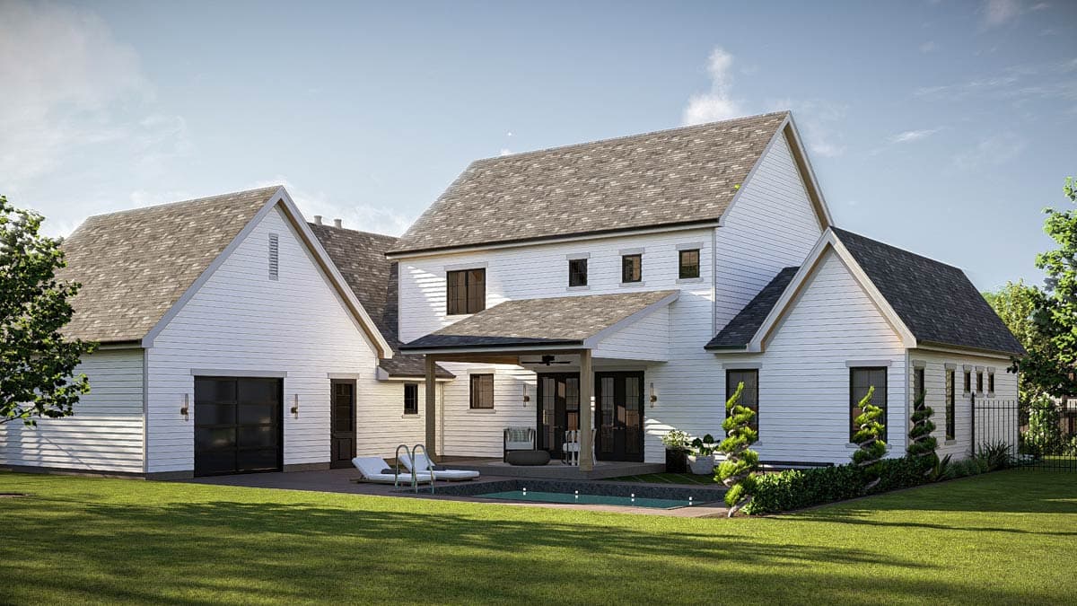 Modern Farmhouse style house plan exterior, two stories, white siding, gabled roofs, covered patio, and attached garage.