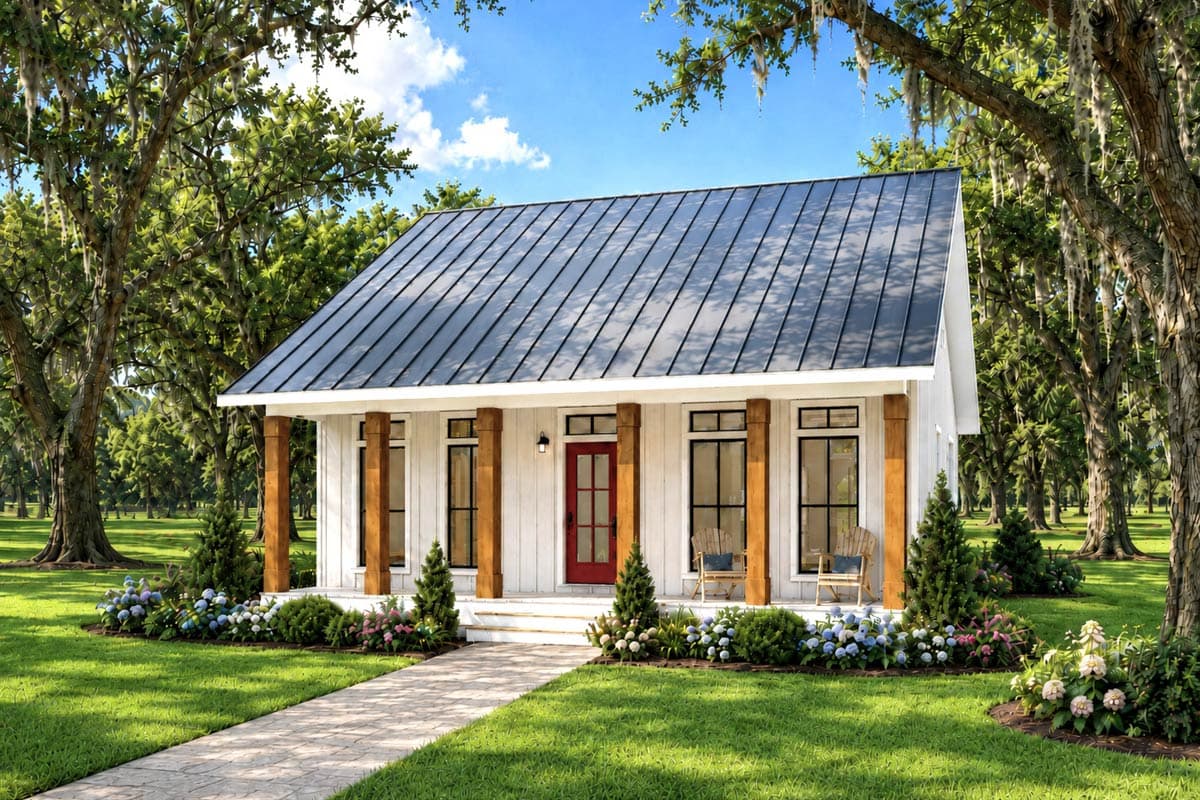 House plan exterior: Modern Farmhouse style, one story, metal roof, covered porch with wood columns, and red front door.