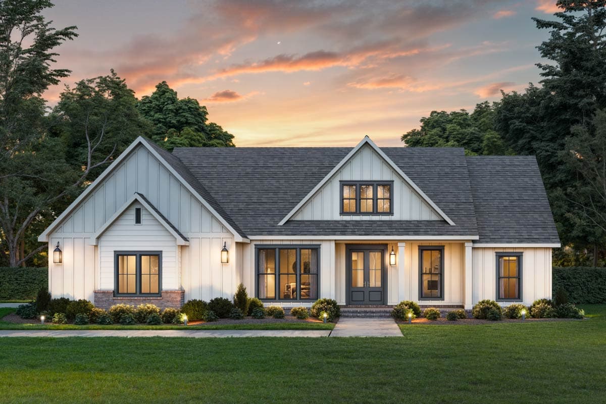 House plan exterior with board and batten siding, gable roof, and multiple gables. Features a covered porch and symmetrical window placement.