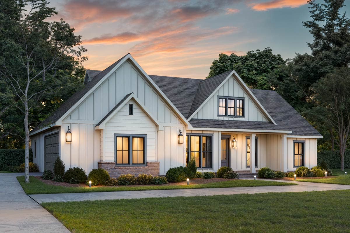 Modern Farmhouse house plan exterior with board and batten siding, gables, dormers, and a two-car garage.