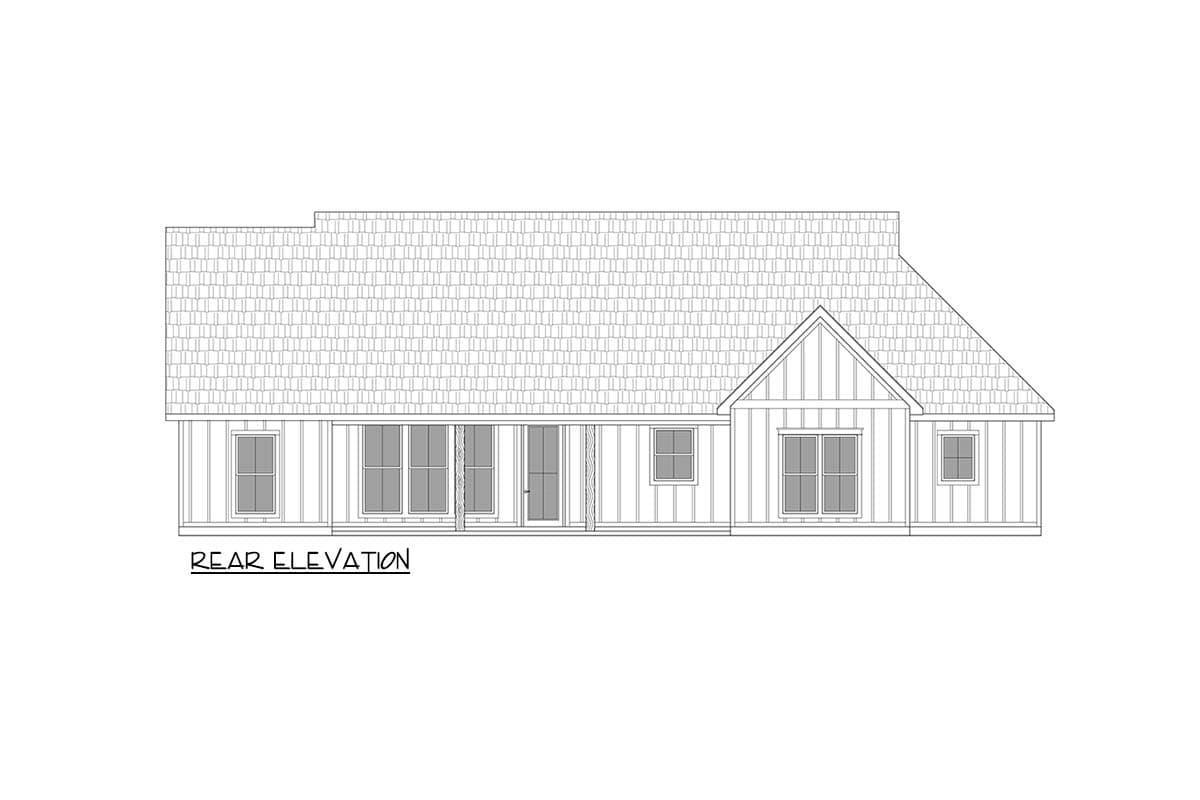 Rear elevation drawing of a house plan featuring a prominent gable, varied window configurations, and a central doorway.
