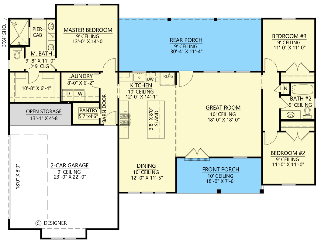 Plan 56562SM: Modern Farmhouse House Plan: 3 Beds, Open Living, Split Bedrooms - Floor Plan - Main Level - Modern Farmhouse