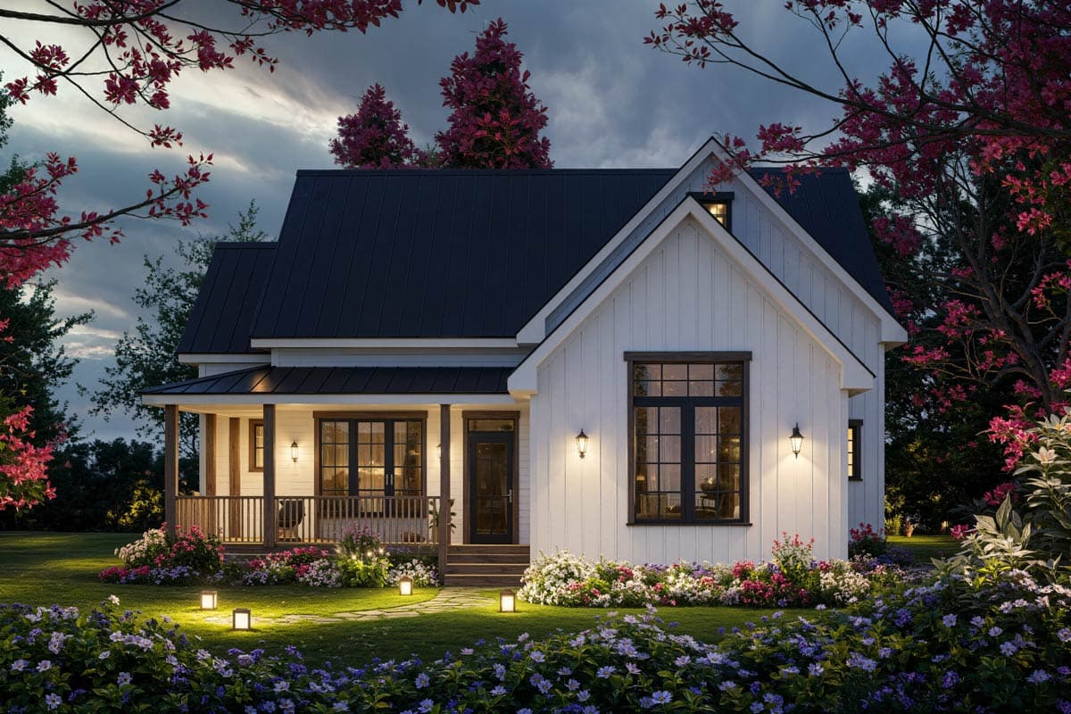 Modern Farmhouse style house plan exterior with a covered porch, gables, vertical siding, and dark metal roof.