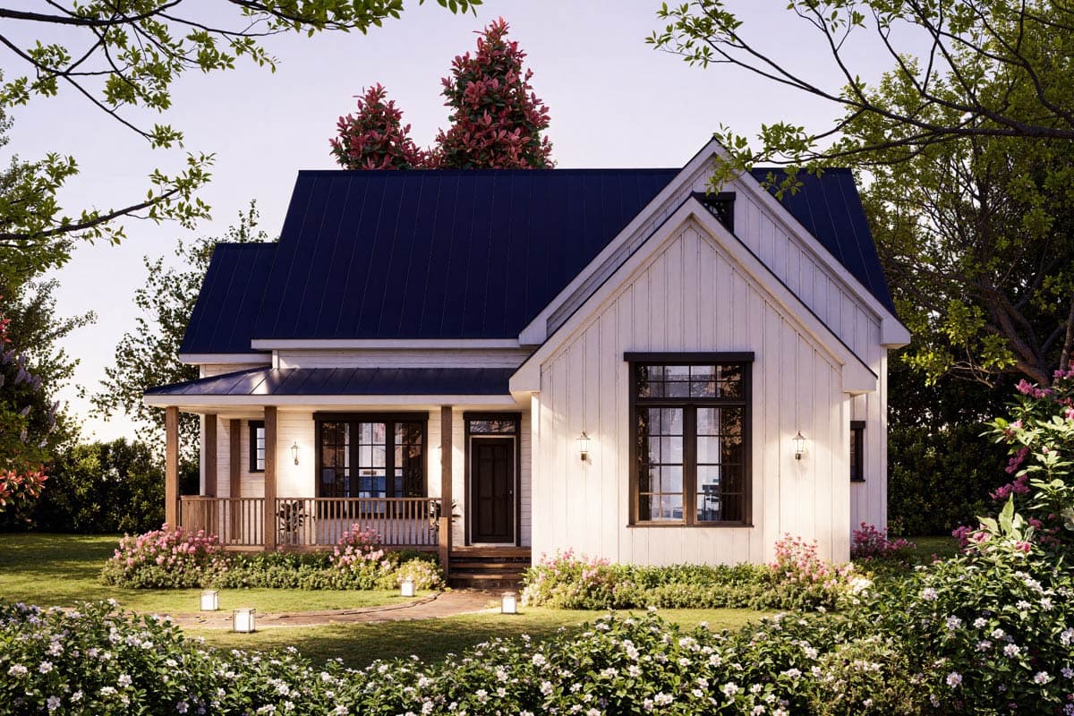 Modern Farmhouse house plan exterior with board-and-batten siding, wraparound porch, and steep gable roof.