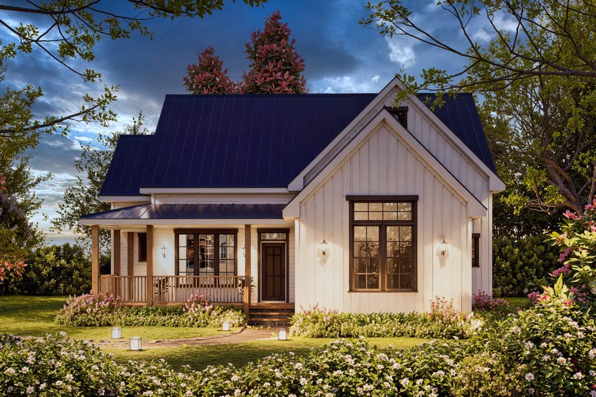 Modern farmhouse house plan exterior with a covered porch, board-and-batten siding, and a dark metal roof.