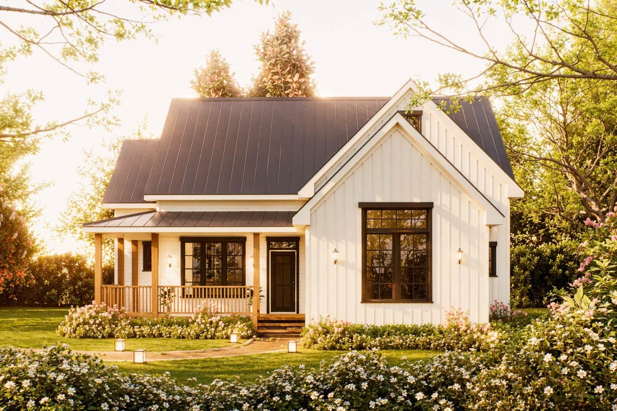 Modern Farmhouse house plan exterior with a metal roof, front porch, and gables.