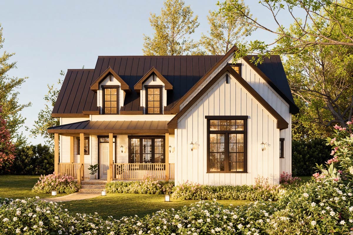 Modern Farmhouse house plan exterior: Two stories, white board and batten siding, dark metal roof, dormers, and covered porch.