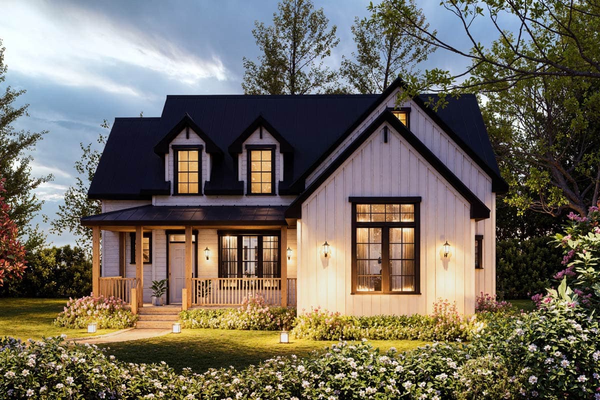 Modern Farmhouse house plan exterior with a wrap-around porch, dormer windows, and vertical siding.