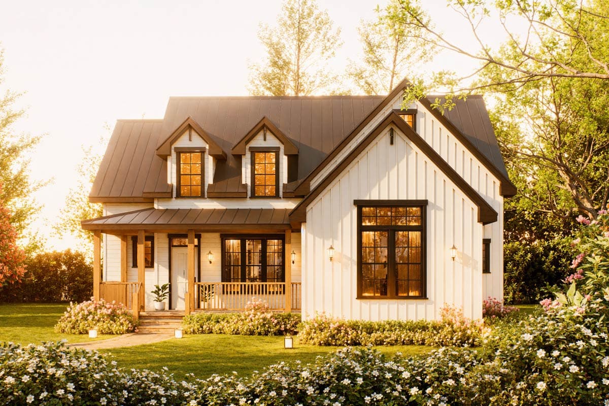 Modern farmhouse house plan exterior with gable dormers, front porch, board and batten siding, and metal roof.