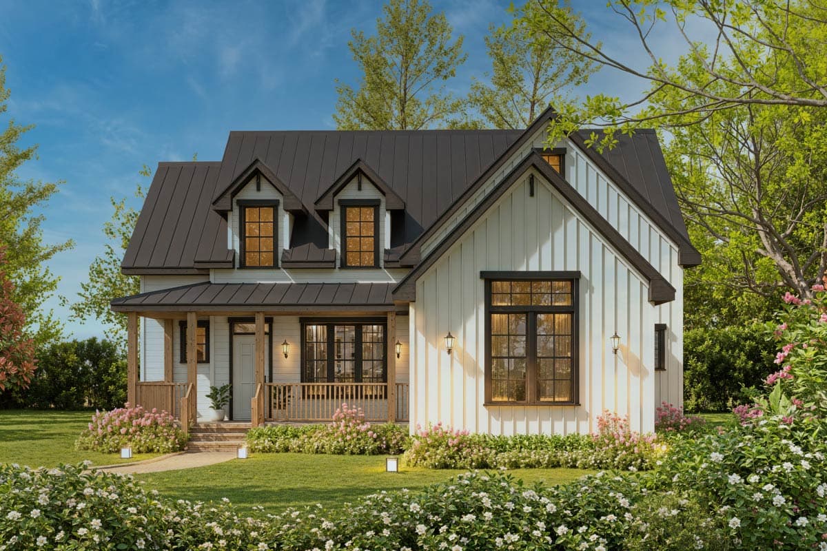 House plan exterior rendering. Modern farmhouse style with two stories, gabled roof, dormers, and front porch with railing.