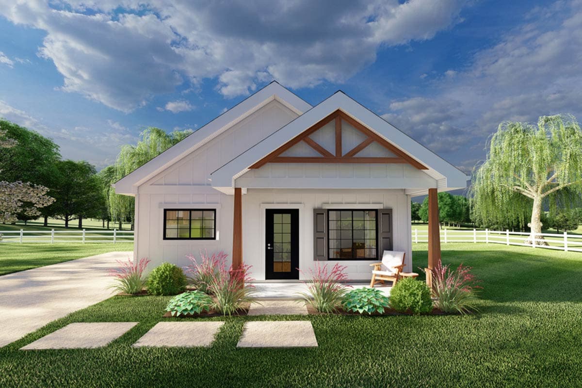 House plan exterior featuring a single-story design, front porch, gable roof, and decorative truss detail above the entry.