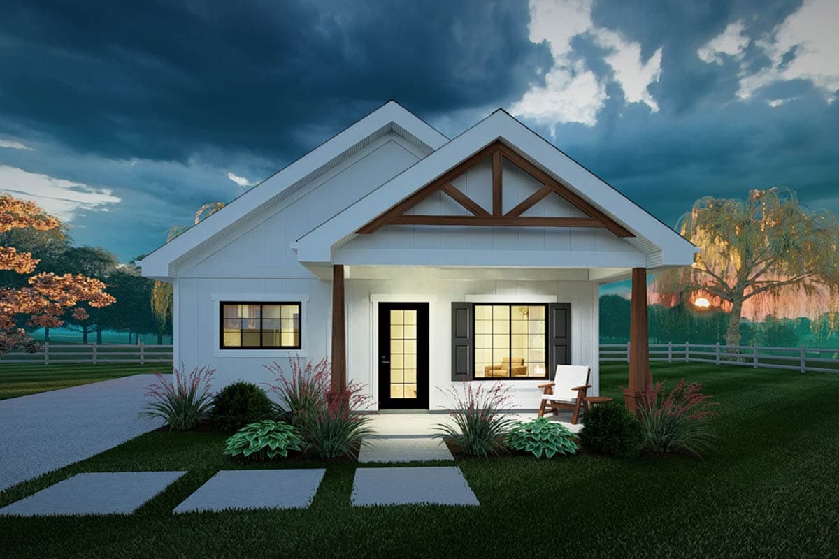 Modern Farmhouse house plan exterior with covered front porch, gabled roofline and exposed wooden beams.
