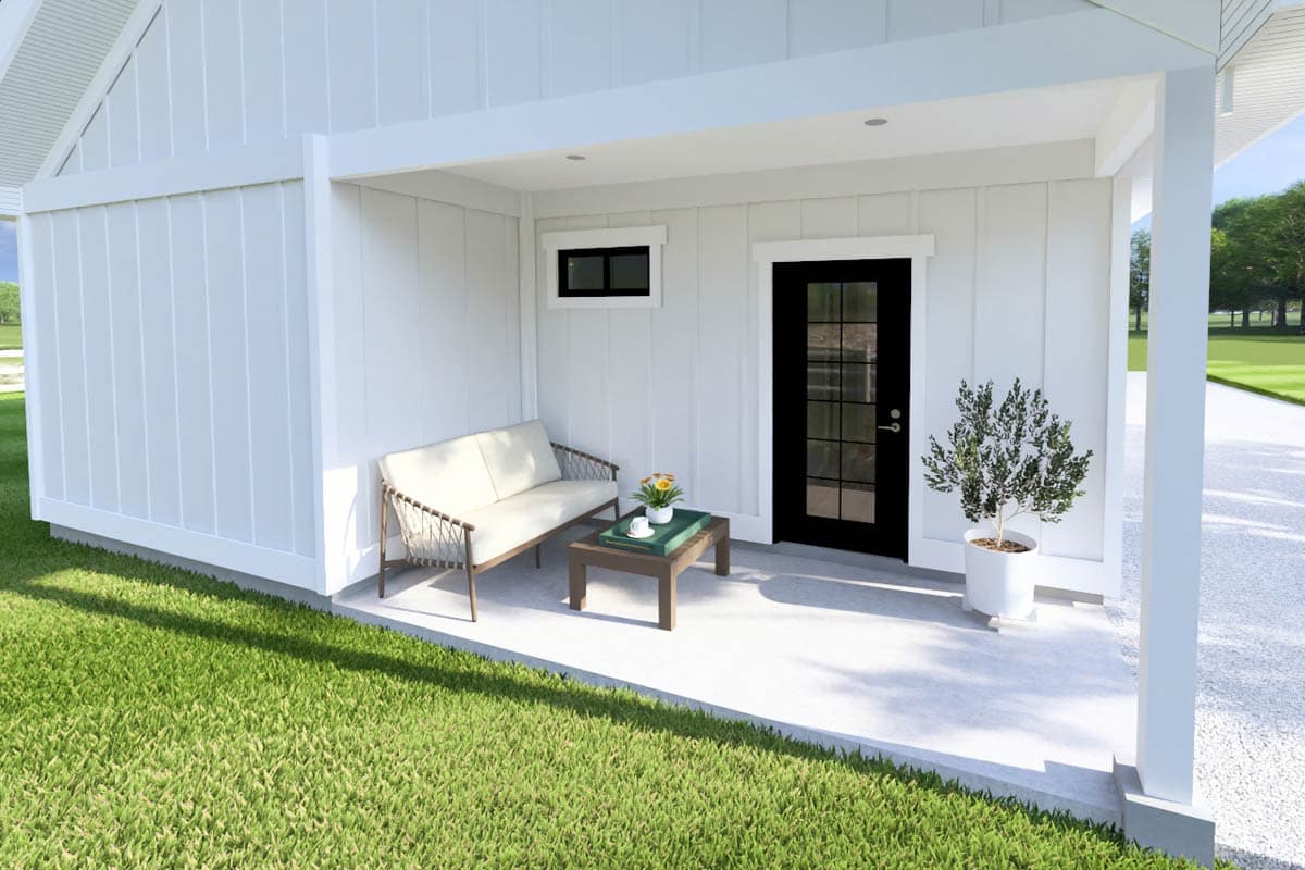 House plan exterior with covered patio, white board-and-batten siding, and black-paned door.