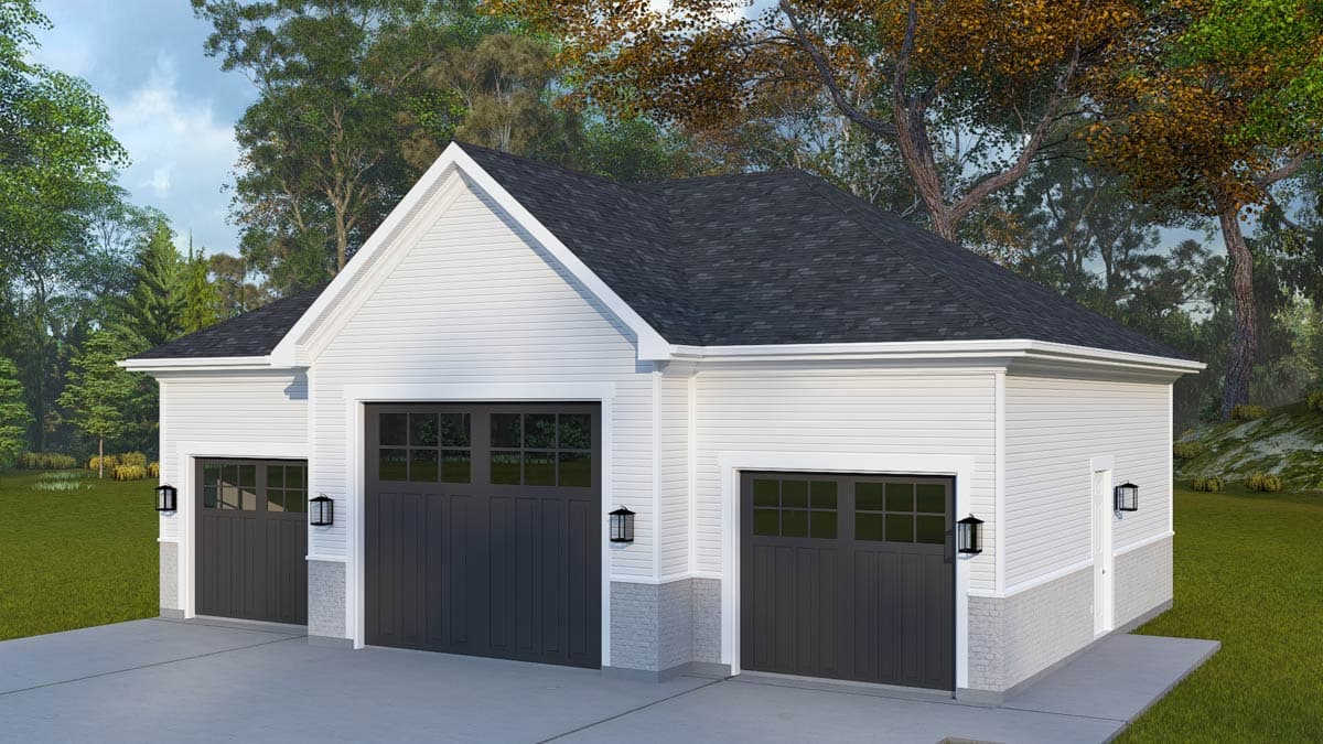 House plan exterior: Three-car garage with gable roof, white siding, and dark paneled doors with windows.