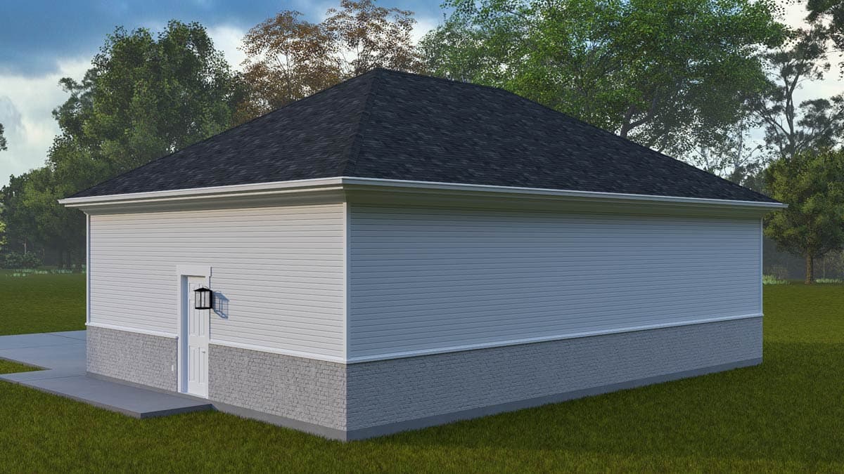 House plan exterior with gray brick foundation, white siding, and dark asphalt shingle hip roof.