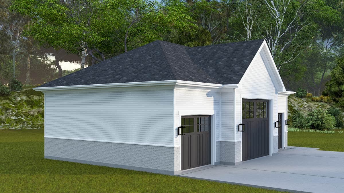 House plan exterior: Modern Farmhouse style with white siding, gray stone base, dark garage doors, and a gable roof.