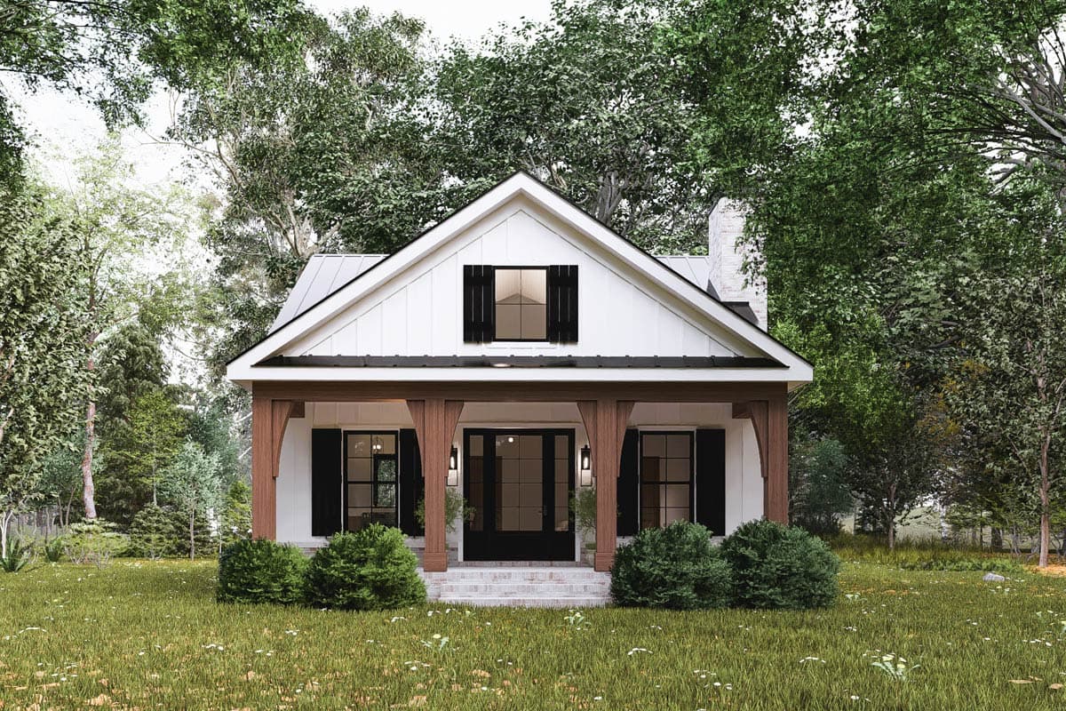 House plan exterior. One-story farmhouse with a front porch supported by columns. Features include gable roof and black window shutters.