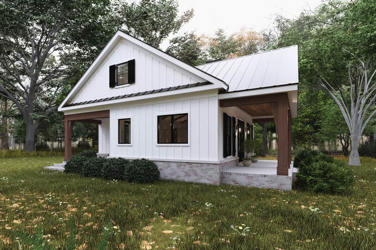 House plan exterior: Modern farmhouse style, one story, with board and batten siding, metal roof, and covered porch with wood beams.