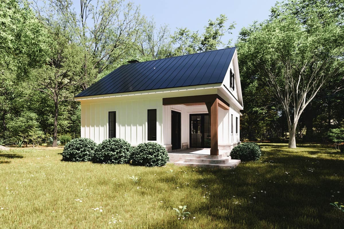 House plan exterior: Modern Farmhouse style, two stories, white board and batten siding, gable roof, covered entry with wood beams.