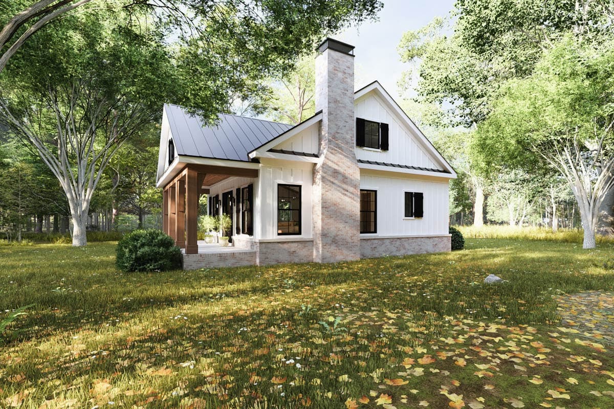 Modern Farmhouse exterior with a covered porch, large brick chimney, metal roof, and board and batten siding.