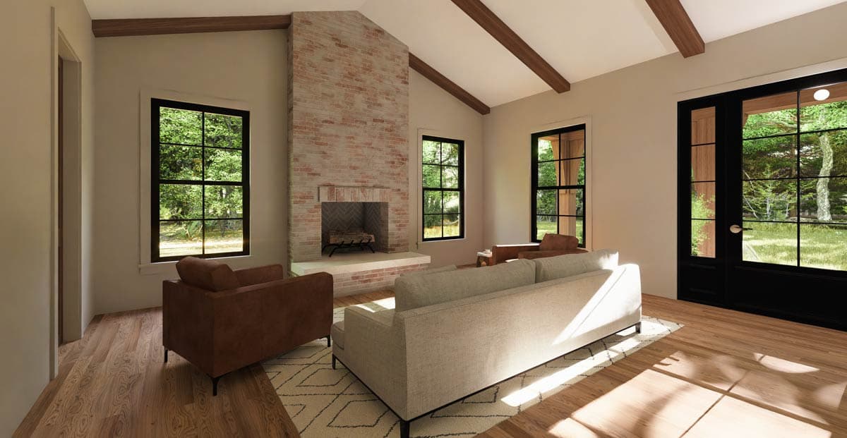 Interior rendering of a great room with a vaulted ceiling, exposed beams, brick fireplace, and large windows.