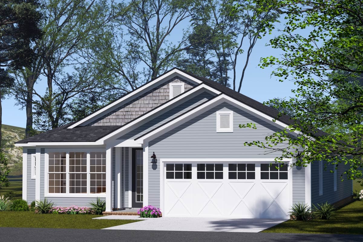 House plan exterior: Traditional style, one-story home with a two-car garage, bay window, and gable vents.
