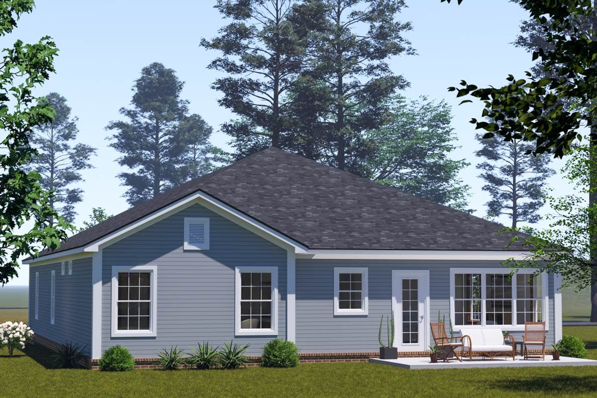 House plan exterior with hip roof, siding, gable vent, and large window array with French doors.