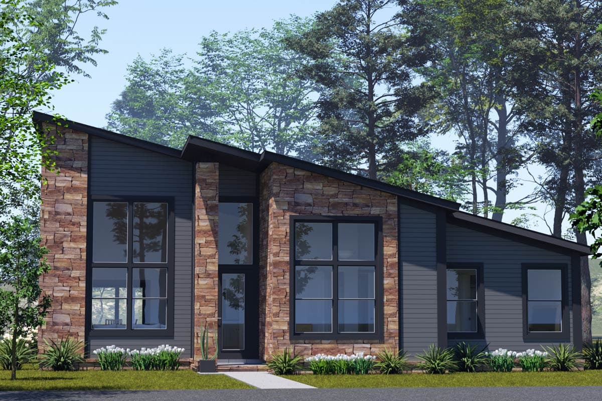 House plan exterior with two stories, a steeply pitched roof, stonework facade, and a modern design. Includes large windows and a dark exterior.