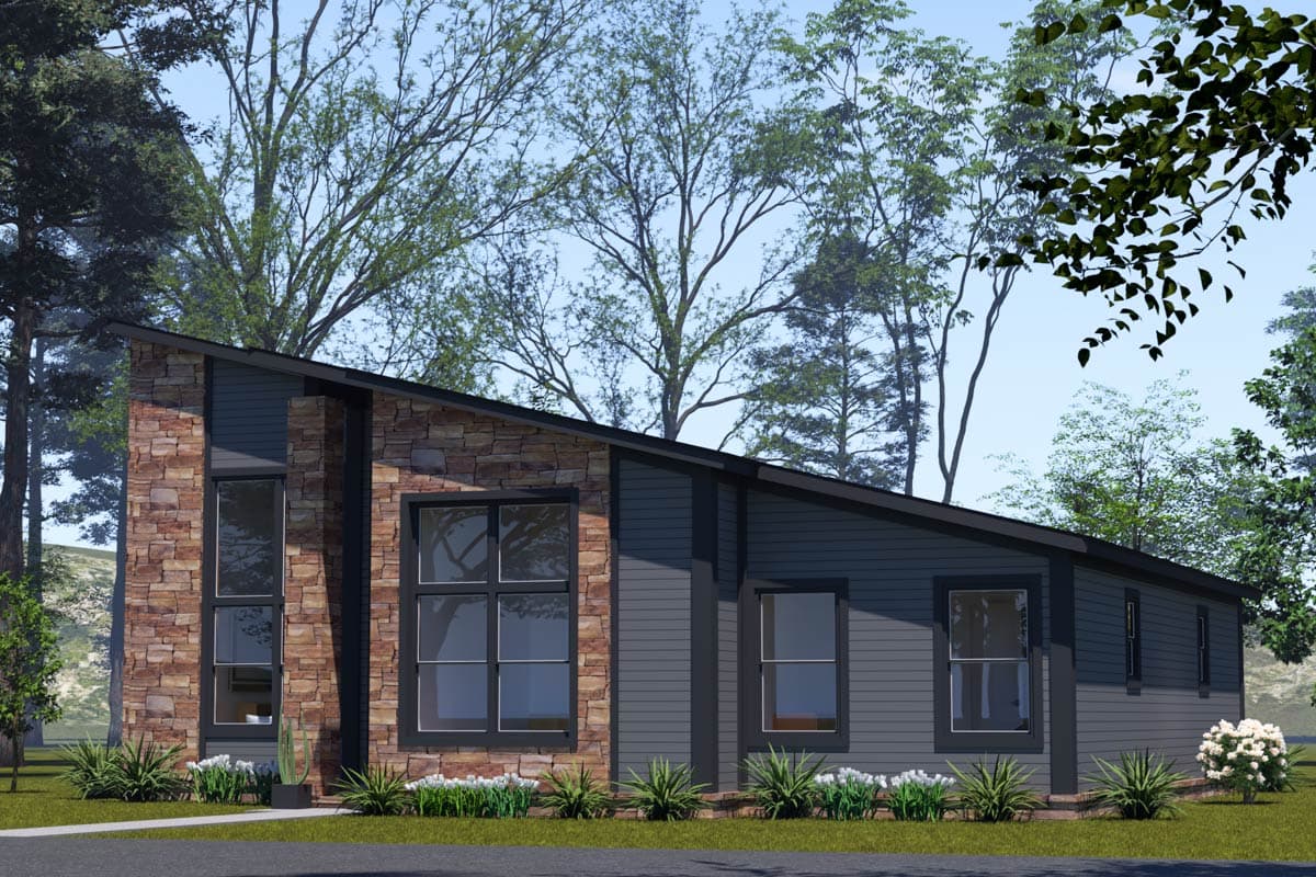 Modern house plan exterior with stone and siding, a low-sloped gable roof, and tall windows.