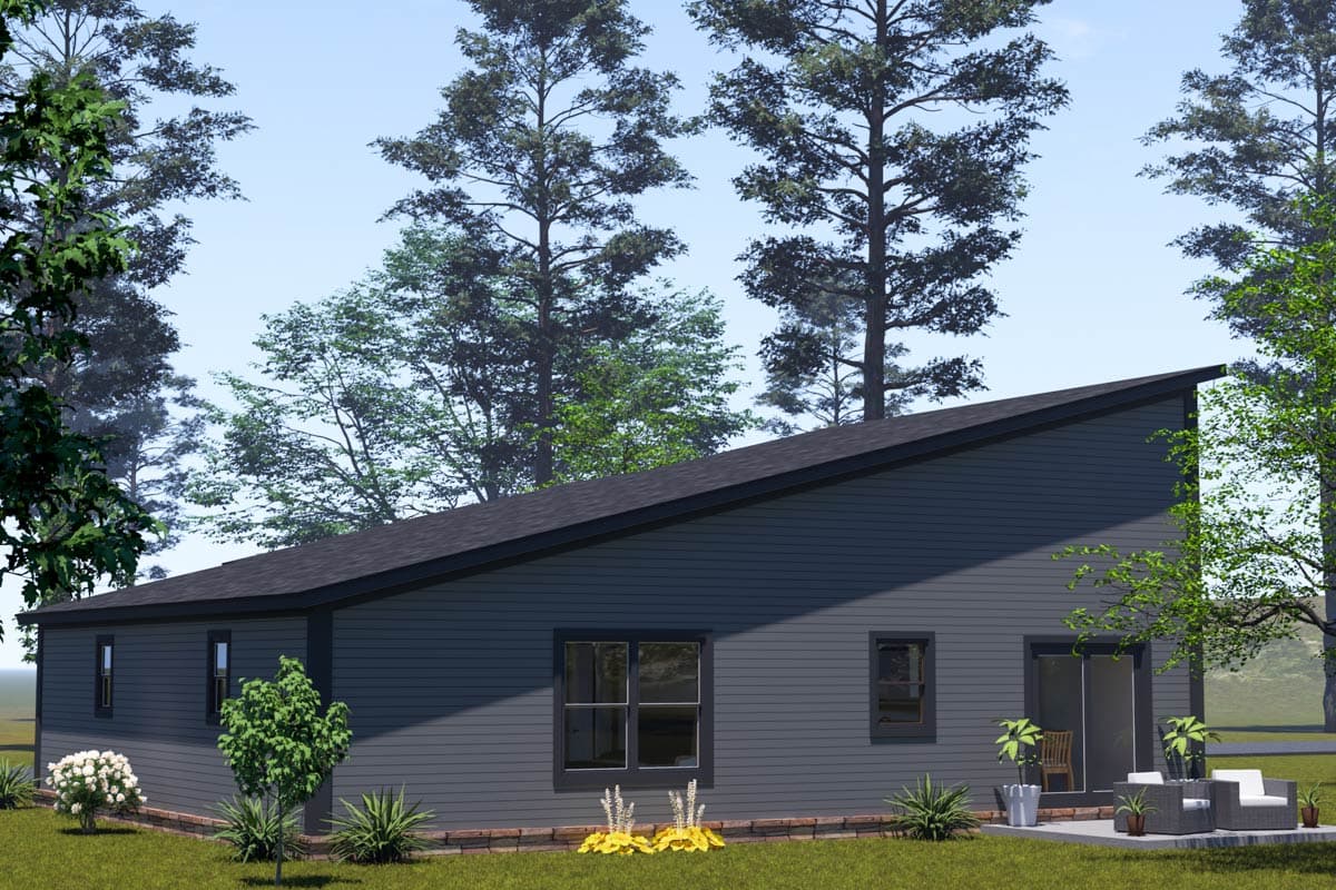 House plan exterior with a single story, dark grey siding, and a distinct asymmetrical roofline.